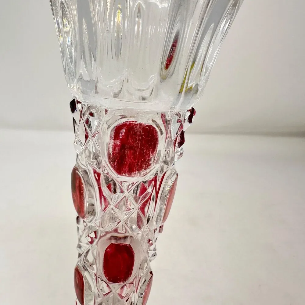 Vintage Lead Crystal Clear Bud Vase Ruby Red Flash Cut Glass Germany 8